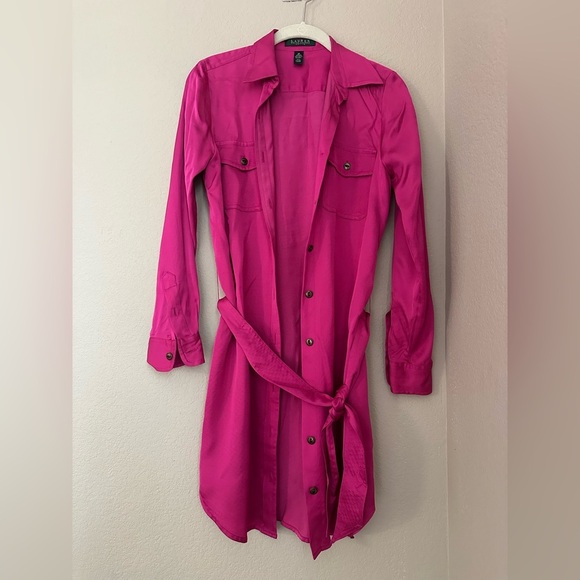 Lauren Ralph Lauren Satin Long Sleeve Knee Length Shirt Dress Pink SZ 2P, Preppy - Picture 1 of 7